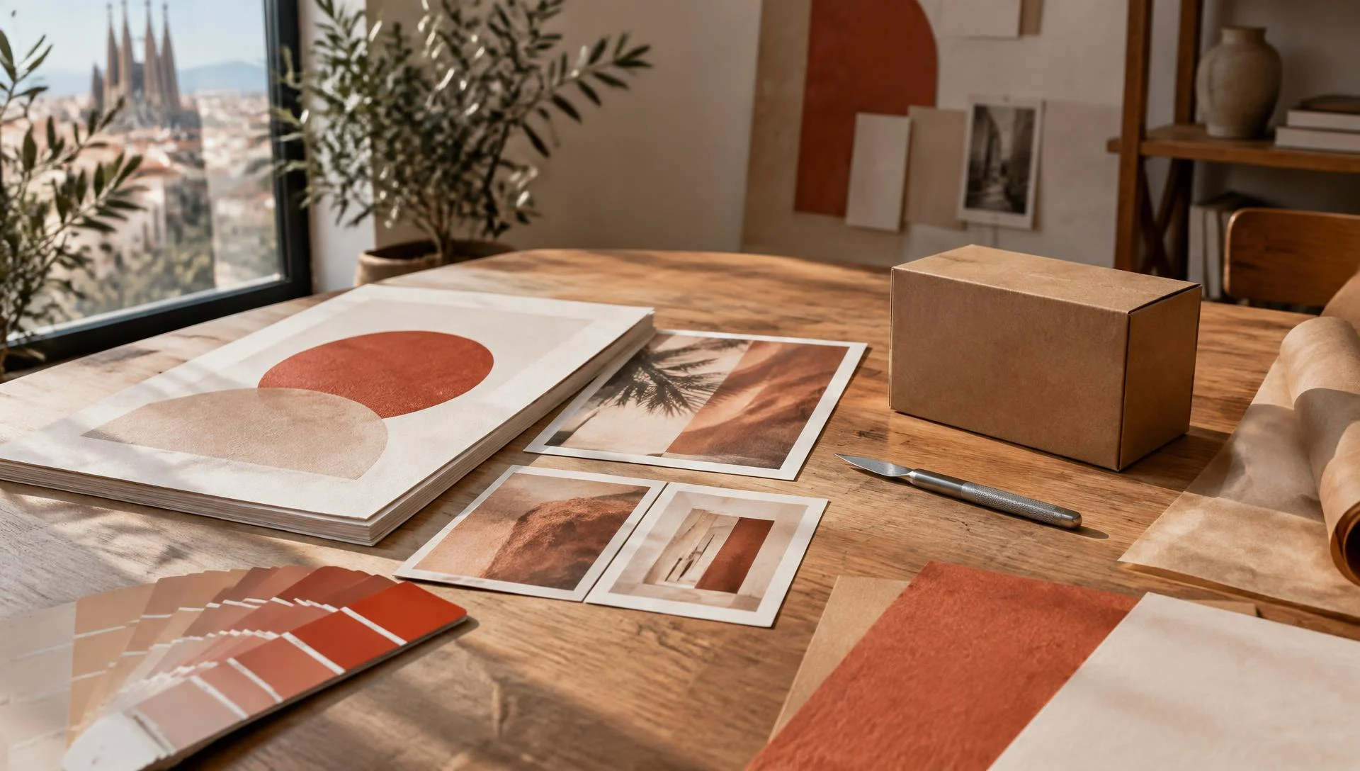 Mesa de trabajo del estudio con pruebas de identidad, cartas de color y packaging